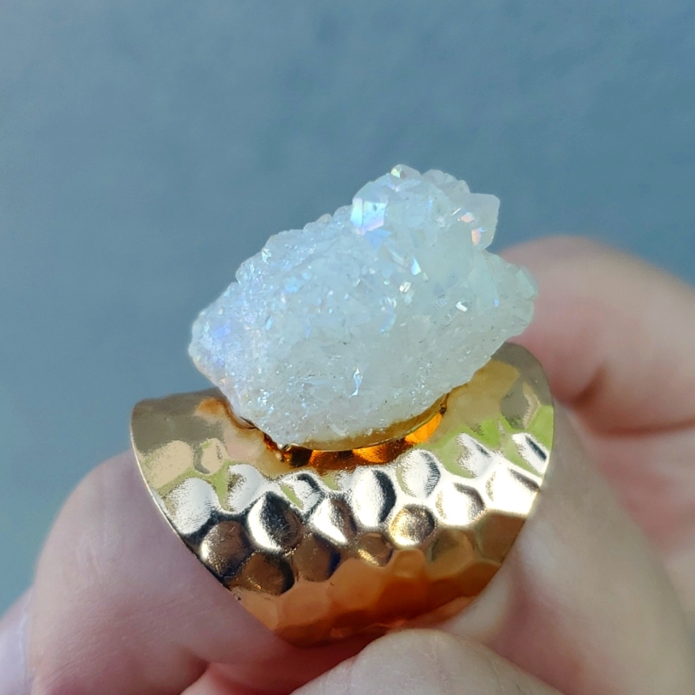 New White Titanium Crystal Agate Druzy Quartz Gold Plated Adjustable Ring.
